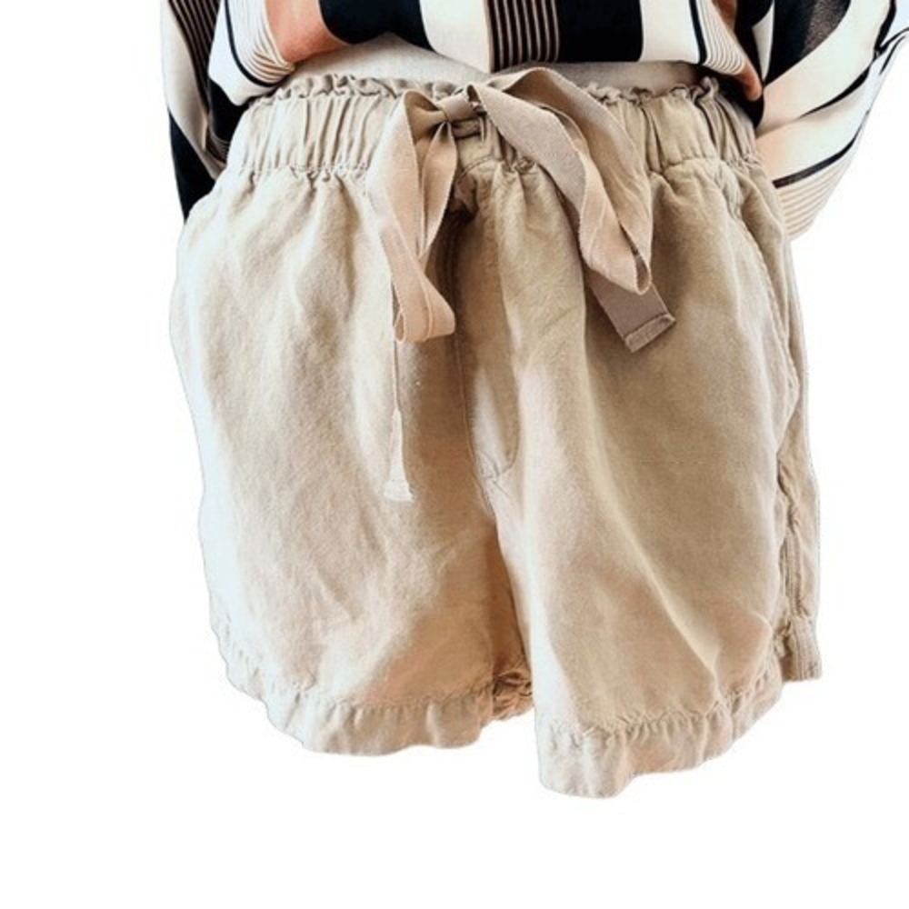 LOFT Khaki Linen Blend Flowy Wide Leg Ribbon Drawstring Waist Shorts  SZ L EUC